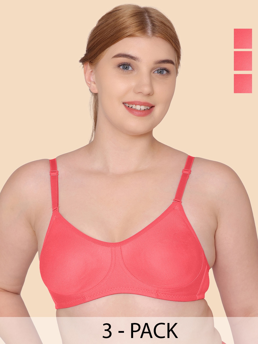 

KOMLI Pack Of 3 Pure Cotton T-shirt Bra Full Coverage Non-Wired Non Padded All Day Comfort, Coral