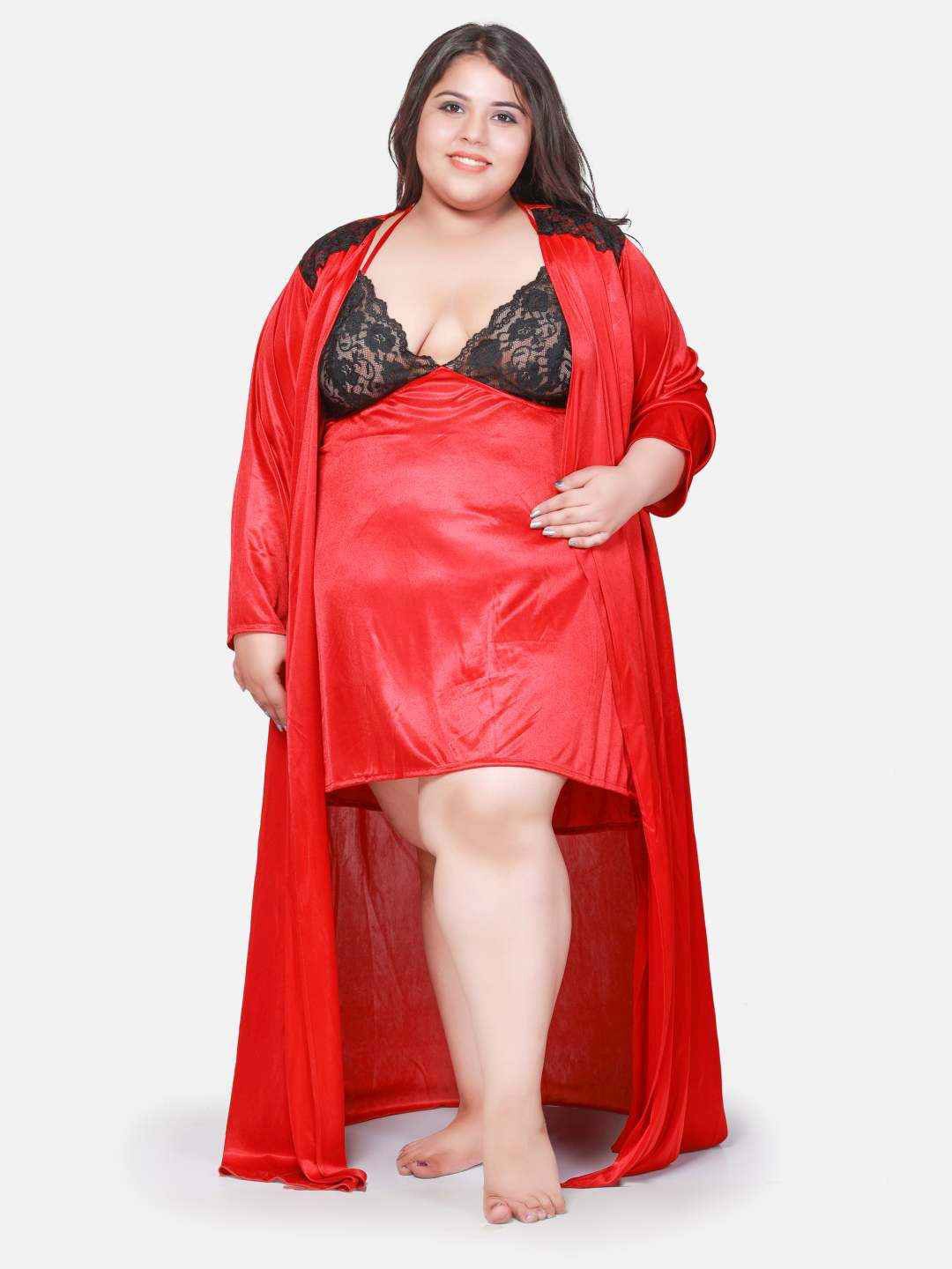 

Klamotten Plus Size Self Design Nightdress With Robe, Maroon