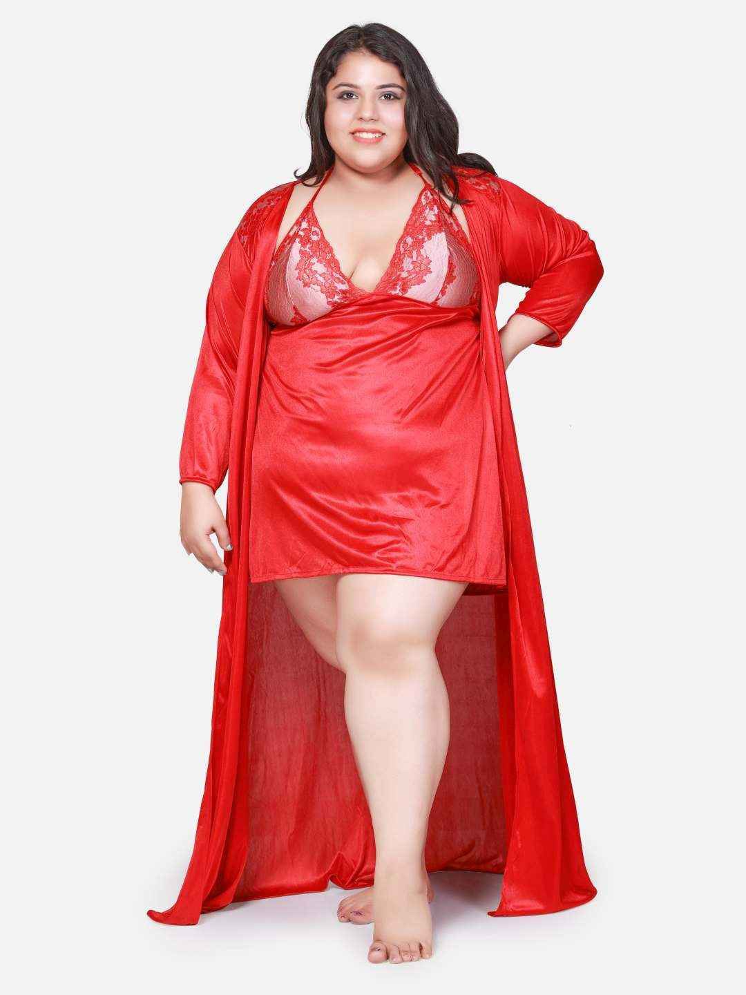 

Klamotten Plus Size Self Design Nightdress With Robe, Maroon