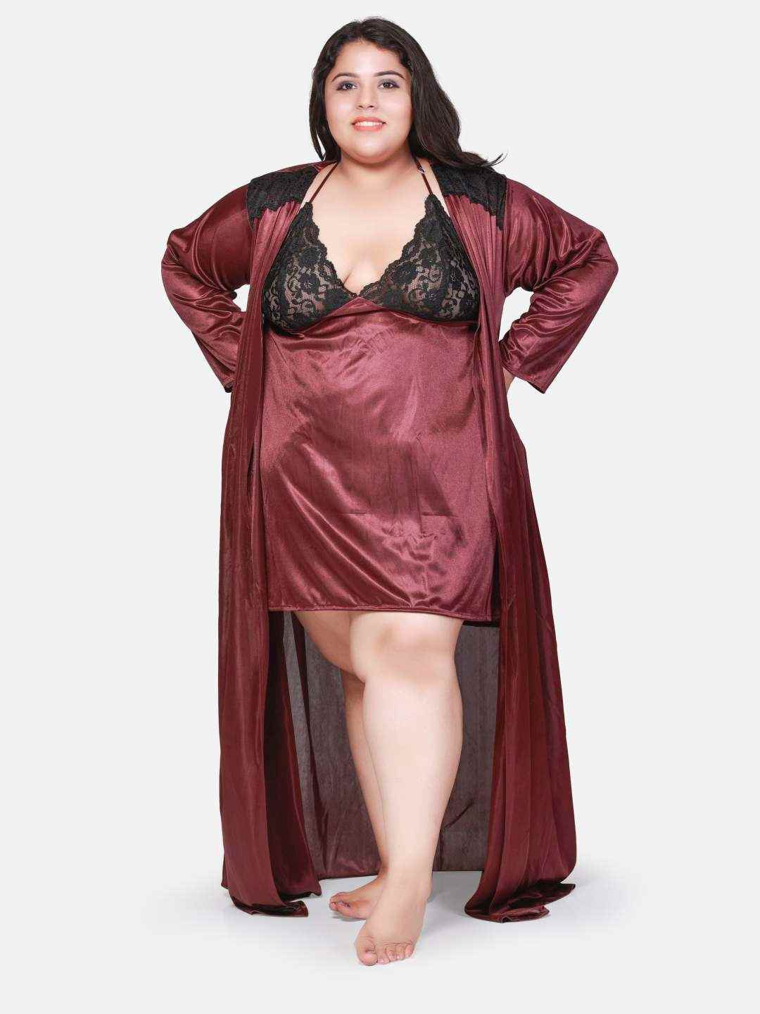 

Klamotten Plus Size Self Design Nightdress With Robe, Rust