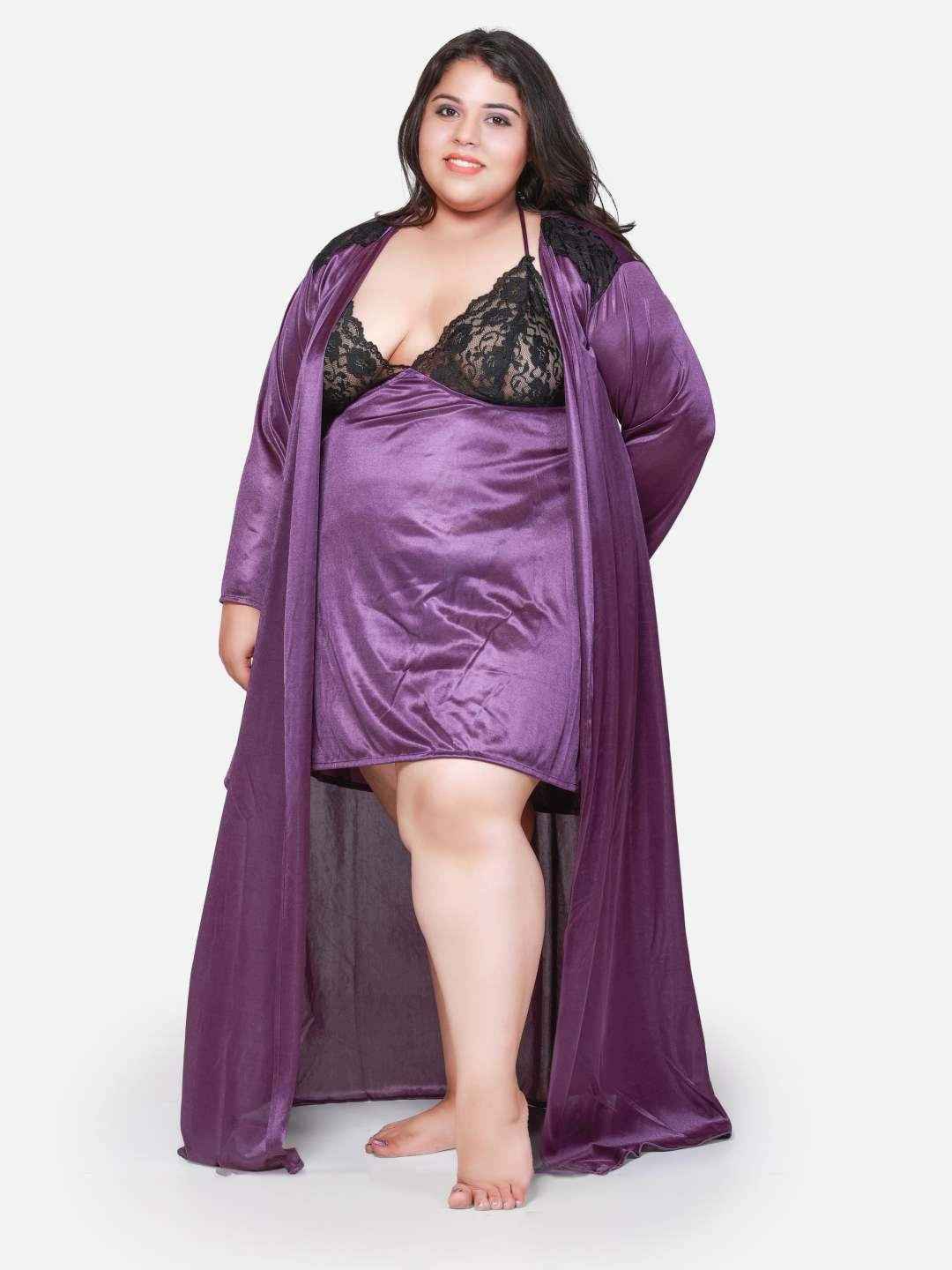 

Klamotten Plus Size Self Design Nightdress With Robe, Purple