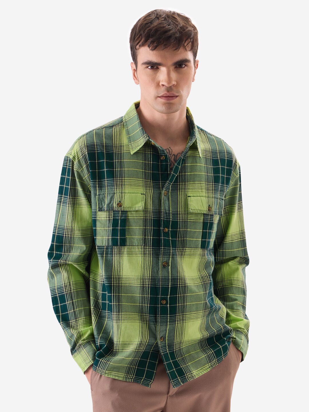 

The Souled Store Tartan Checked Pure Cotton Casual Shirt, Green