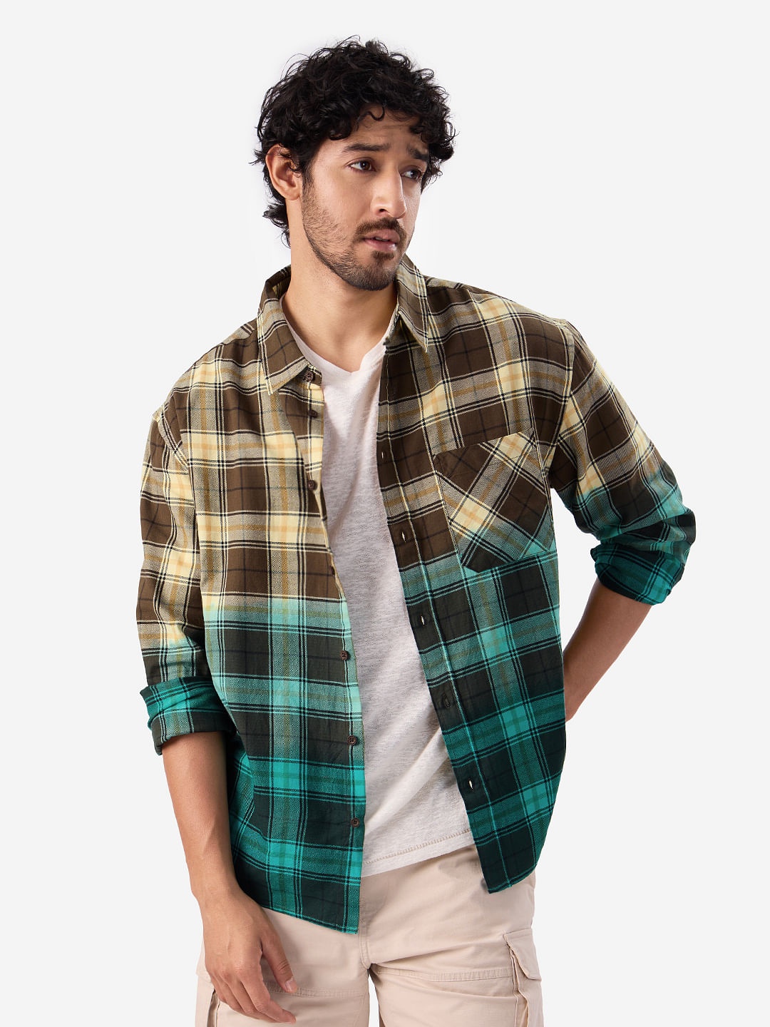 The Souled Store Tartan Checked Relaxed Pure Cotton Casual Shirt, Beige