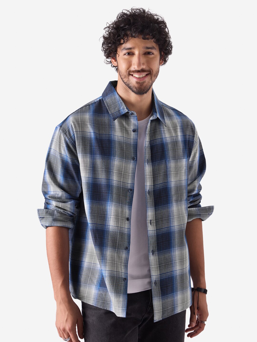 

The Souled Store Tartan Checked Oversized Pure Cotton Casual Shirt, Blue