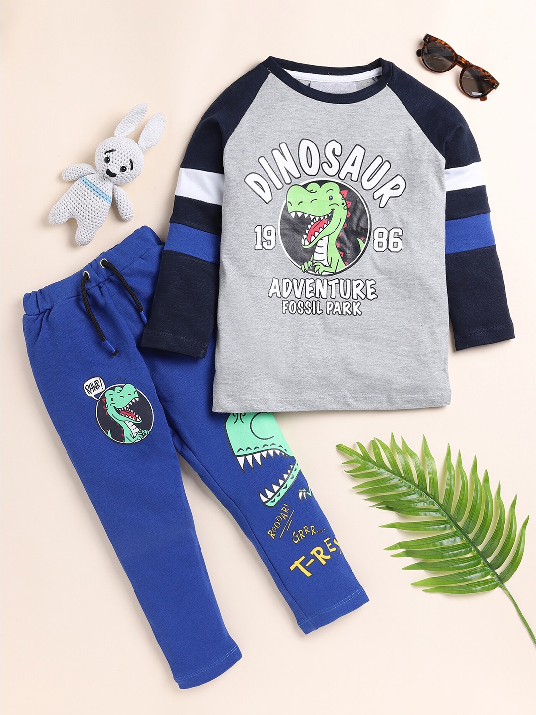 

Lazy Shark Boys Printed Pure Cotton T-shirt with Trousers, Grey