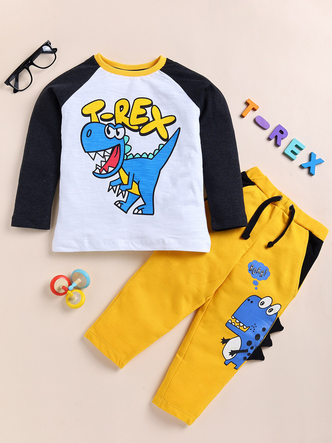 

Lazy Shark Girls Graphic Printed Pure Cotton T-shirt With Trousers, Yellow