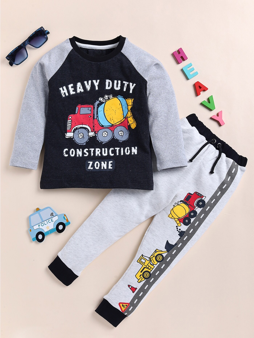 

Lazy Shark Boys Graphic Printed Pure Cotton T-shirt with Trousers, Charcoal