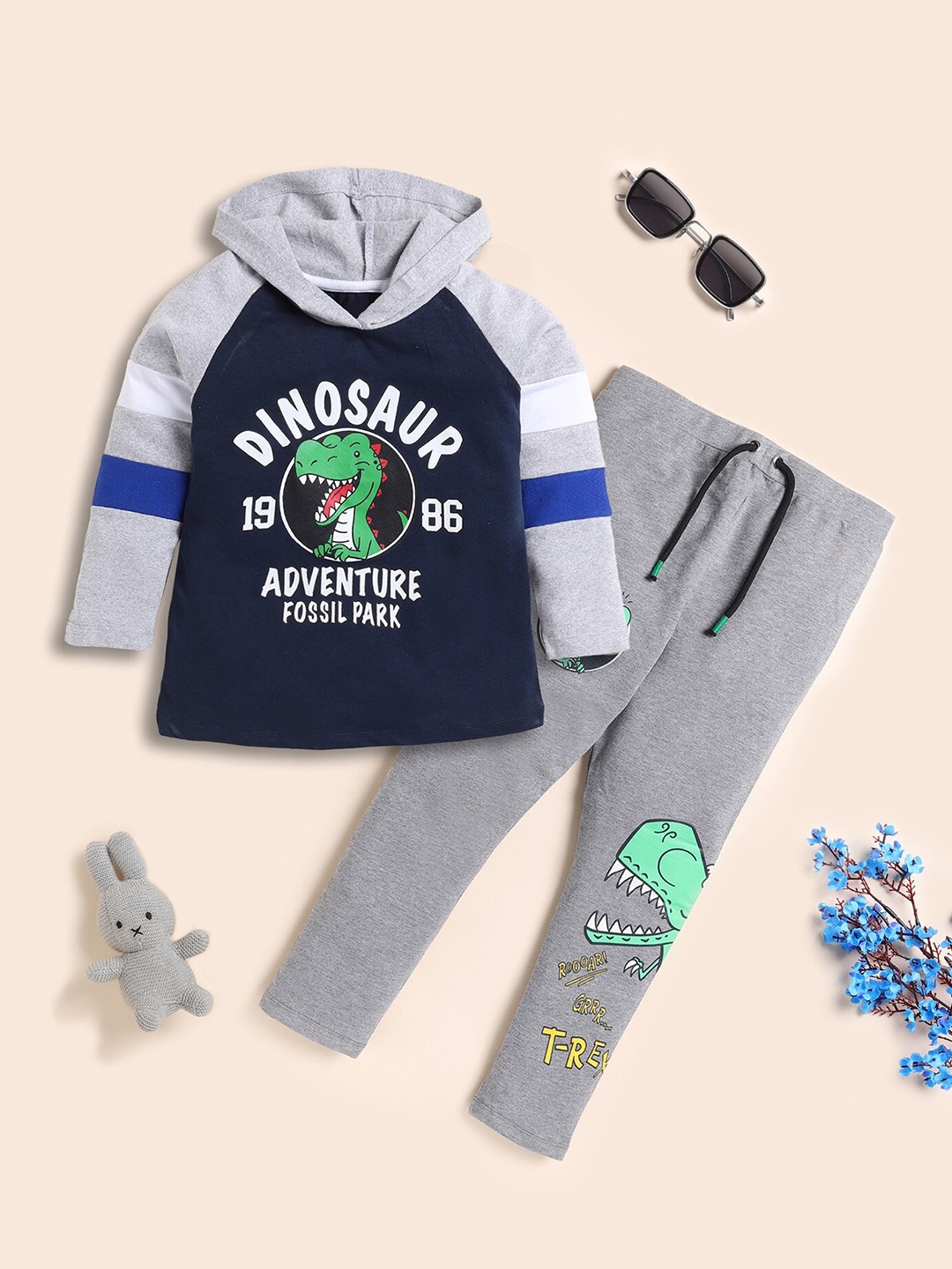 

Lazy Shark Boys Graphic Printed Hooded Pure Cotton T-shirt with Trousers, Navy blue