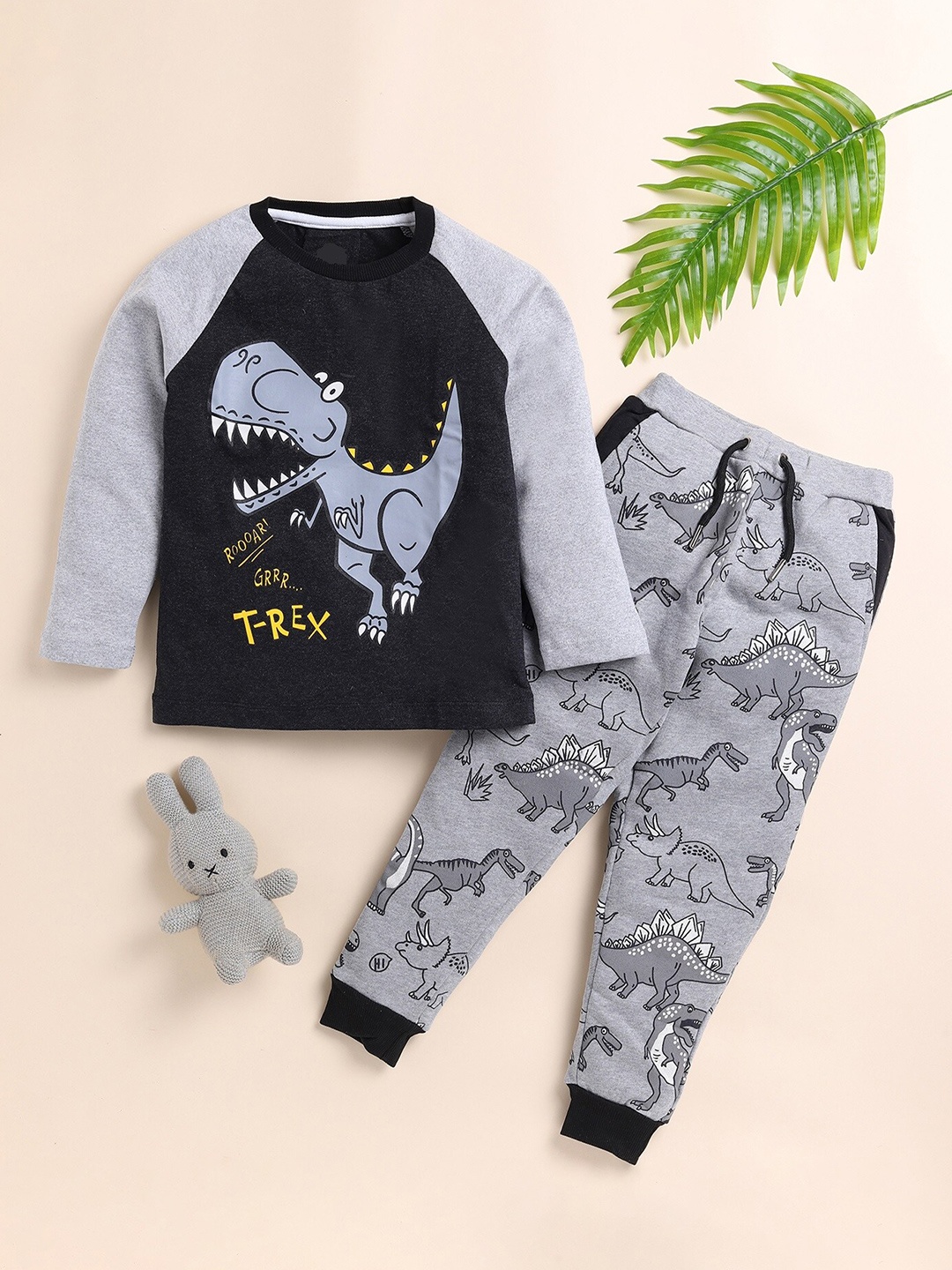 

Lazy Shark Boys Graphic Printed Pure Cotton T-shirt With Trousers, Grey