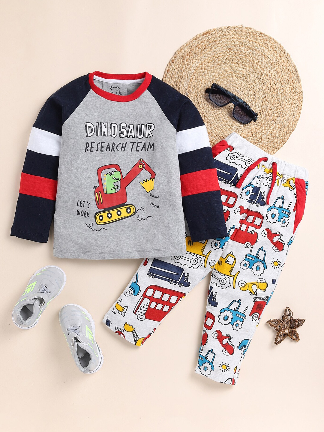 

Lazy Shark Boys Graphic Printed Pure Cotton T-shirt With Trousers, Grey