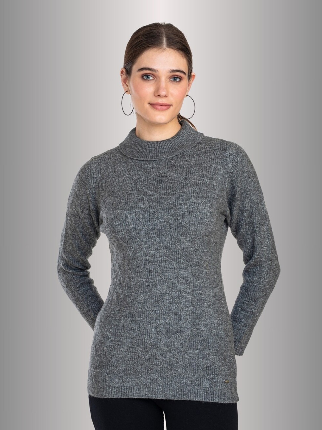 

Moda Elementi Cable Knit Self Design Mock Collar Sweaters, Grey melange