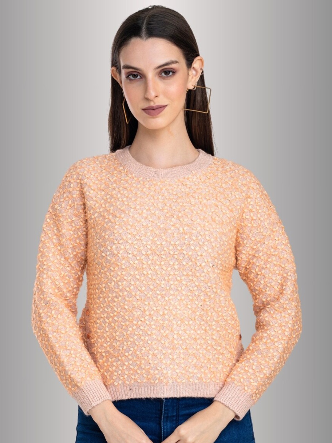 

Moda Elementi Cable Knit Self Design Pullover, Peach