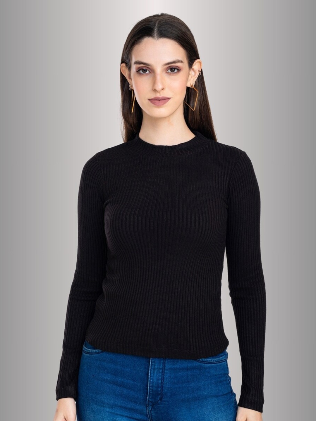 

Moda Elementi Ribbed Round Neck Pullover, Black