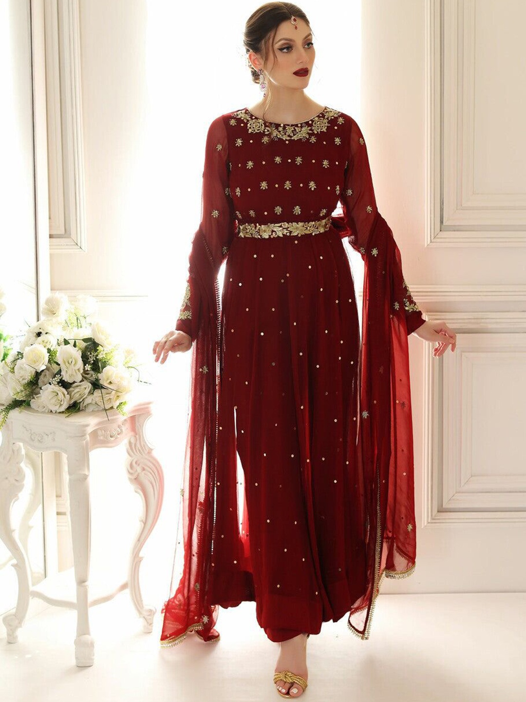 

KALINI Ethnic Motifs Embroidered Kurta With Trouser & Dupatta, Maroon