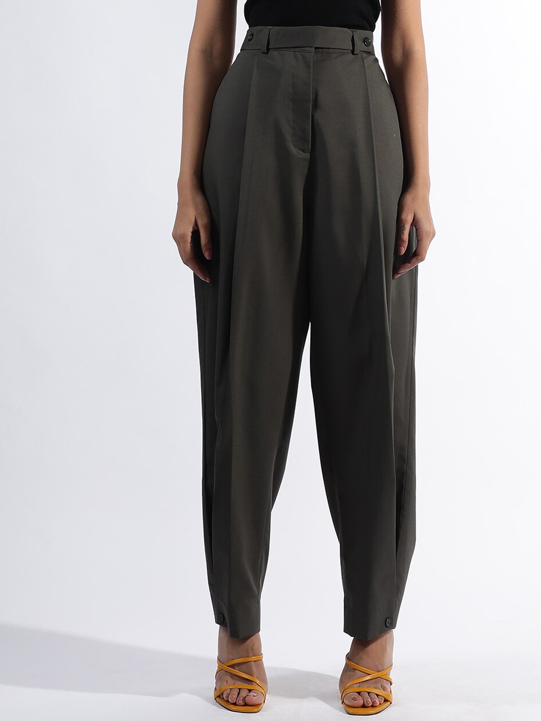 

Shop Staple Women Tapered Fit High-Rise Parallel Trousers, Olive