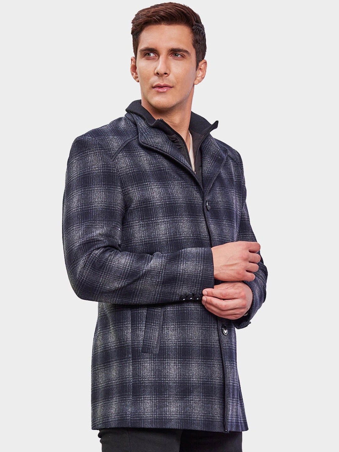 

LURE URBAN Checked Single Breasted Woollen Overcoat, Navy blue