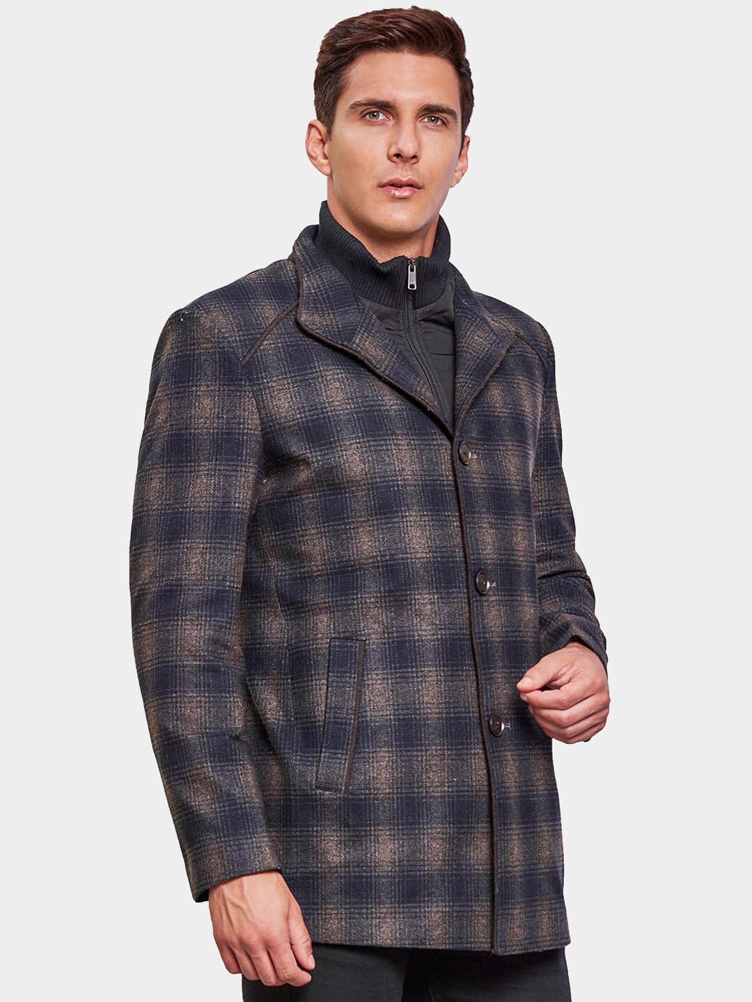 

LURE URBAN Checked Single Breasted Woollen Overcoat, Brown