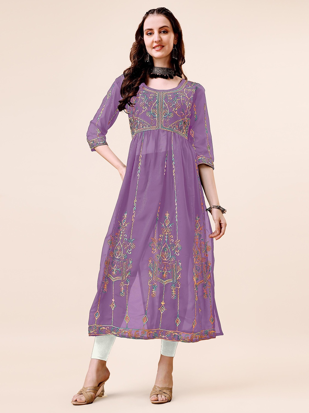 

FabFairy Ethnic Motifs Embroidered Chikankari Detailed Pleated A-Line Kurta, Lavender