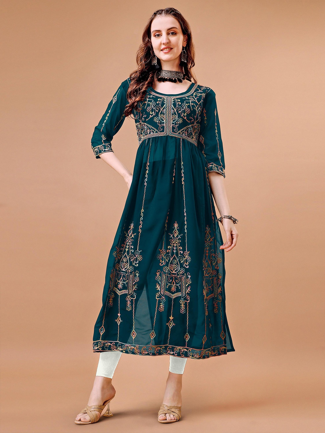 

FabFairy Ethnic Motifs Embroidered Georgette Anarkali Kurta, Teal