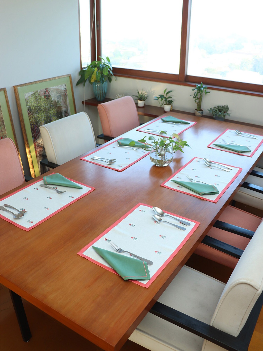 

ZEBA Beige & Green 12 Pieces Printed Table Placemats & Napkins