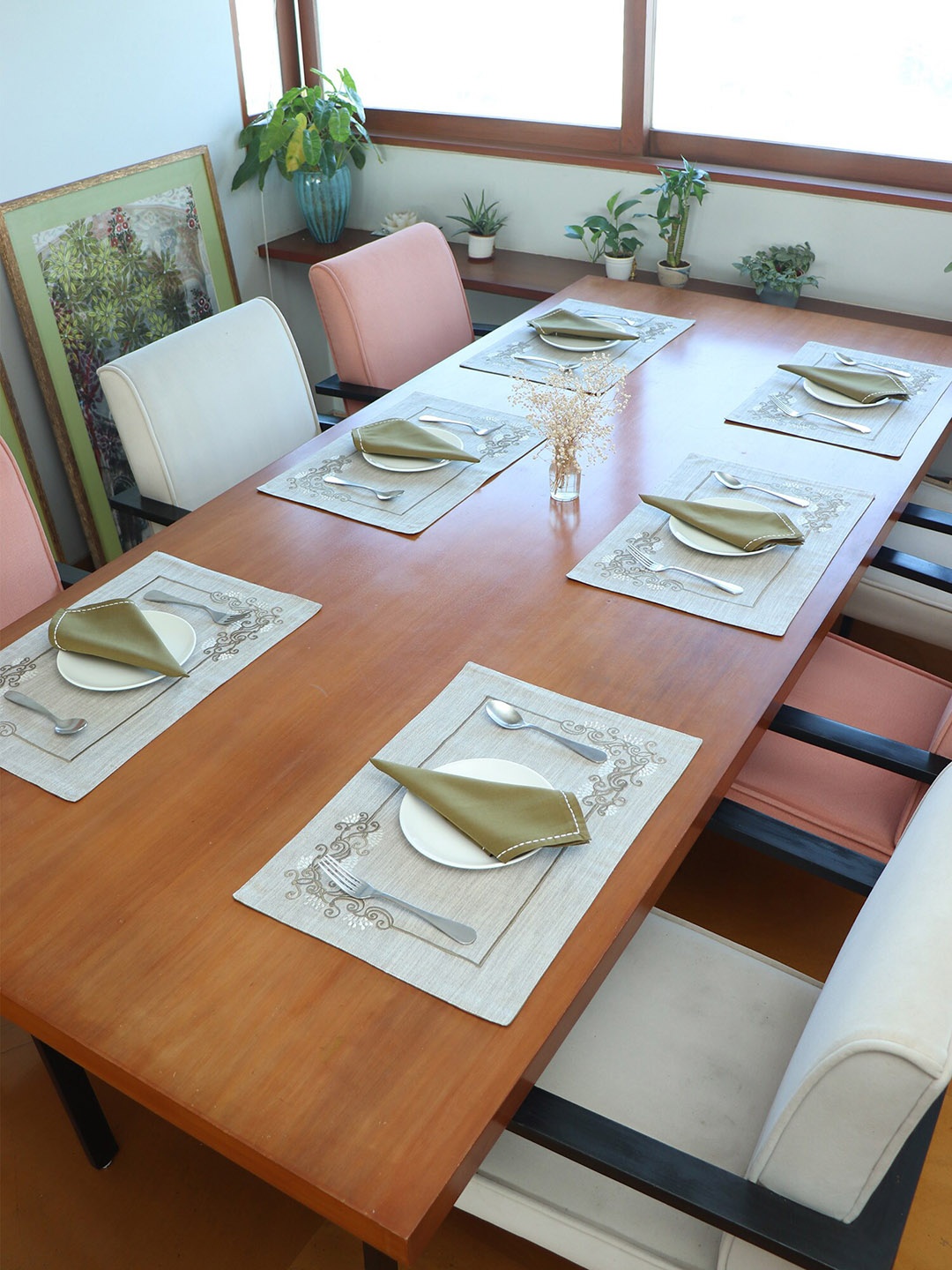 

ZEBA Beige & Green 12 Pieces Embroidered Table Placemats & Napkins