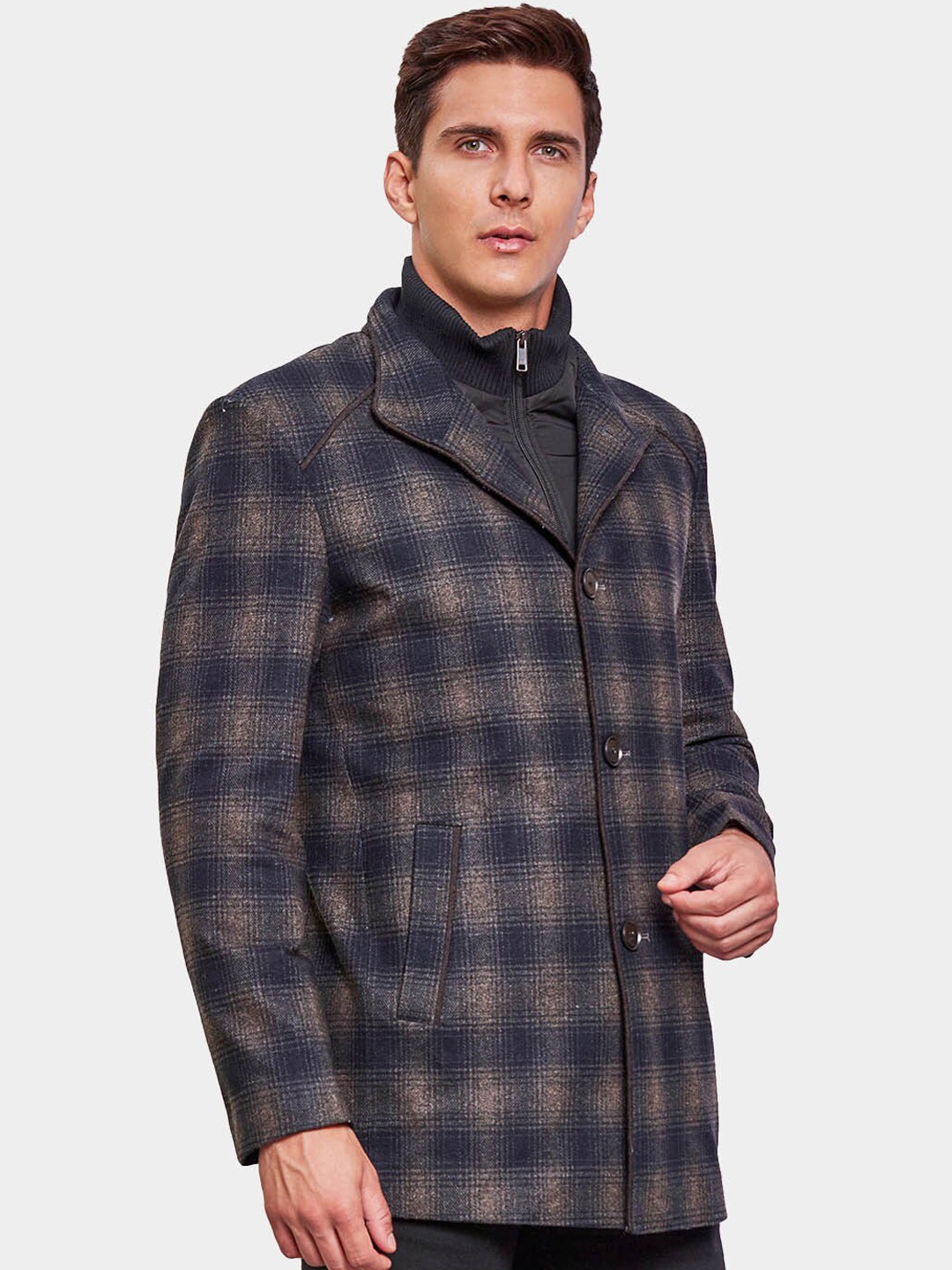 

CHKOKKO Checked Single-Breasted Woollen Overcoat, Brown