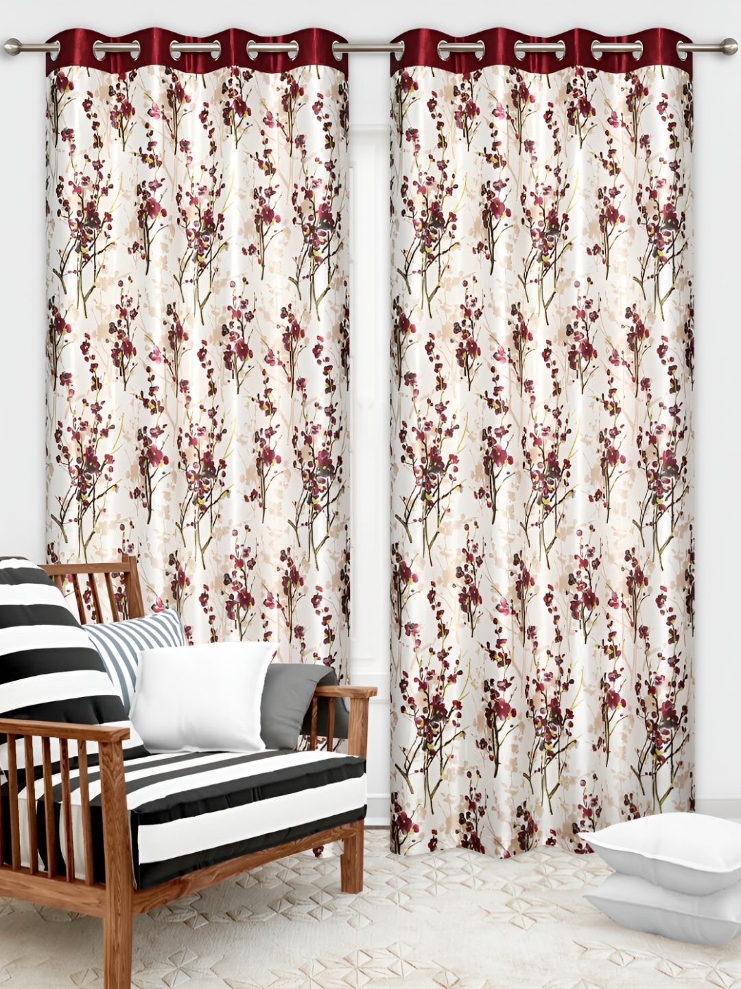 REYANSH DECOR Red & Off White 2 Pieces Floral Door Curtain