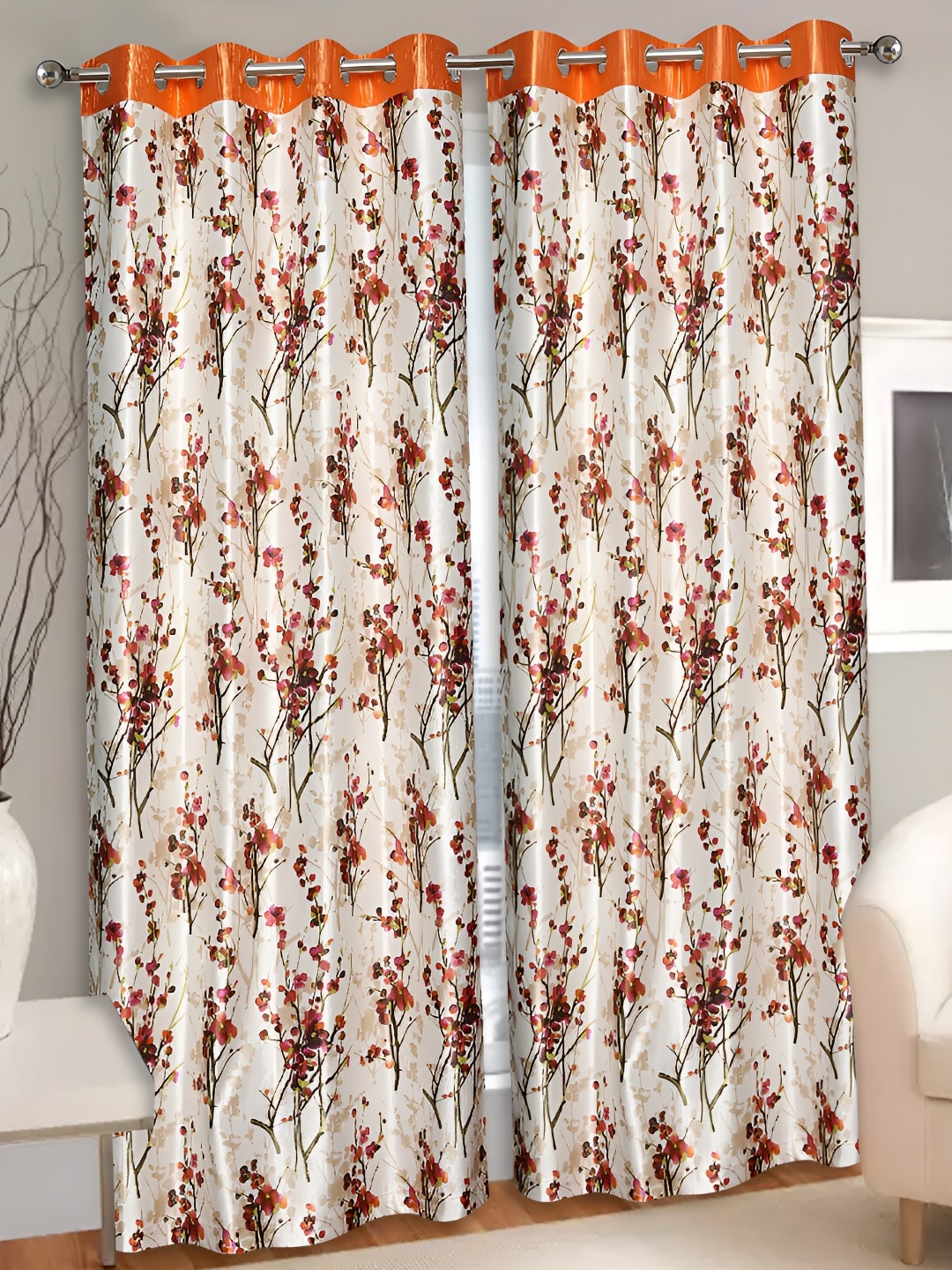 

REYANSH DECOR Off White & Orange 2 Pieces Floral Long Door Curtain