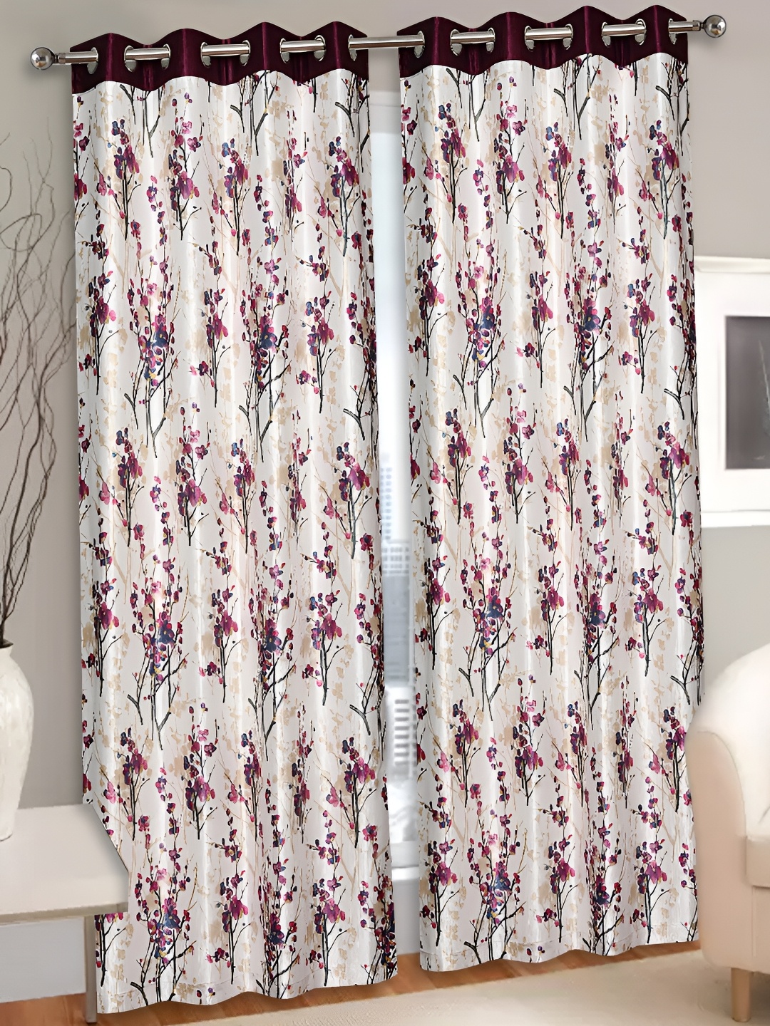 

REYANSH DECOR Magenta & Off White 2 Pieces Floral Door Curtain