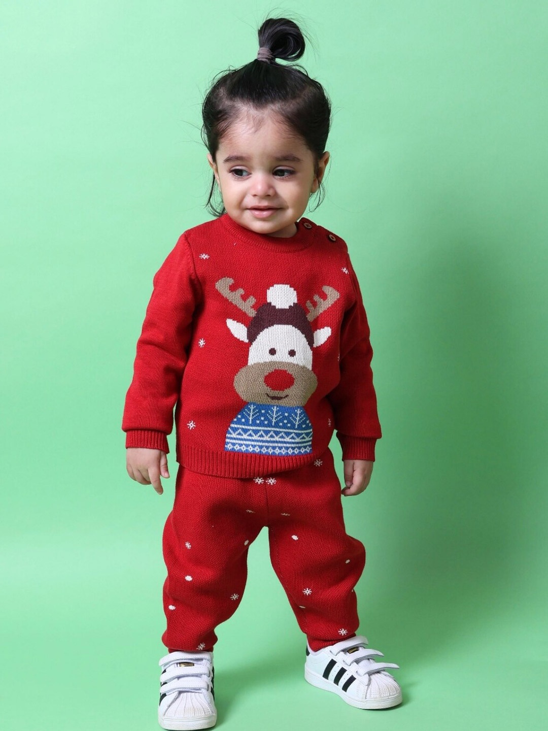 

Greendeer Kids Reindeer Printed Pure Cotton Jacquard Sweater & Trouser, Red