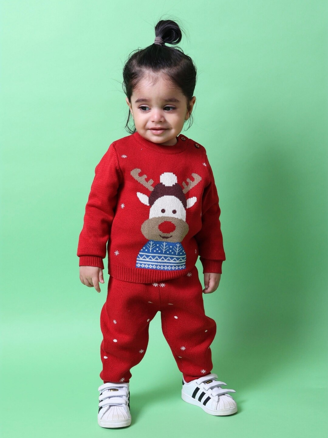 

Greendeer Kids Reindeer Jacquard Pure Cotton Sweater with Trousers, Red