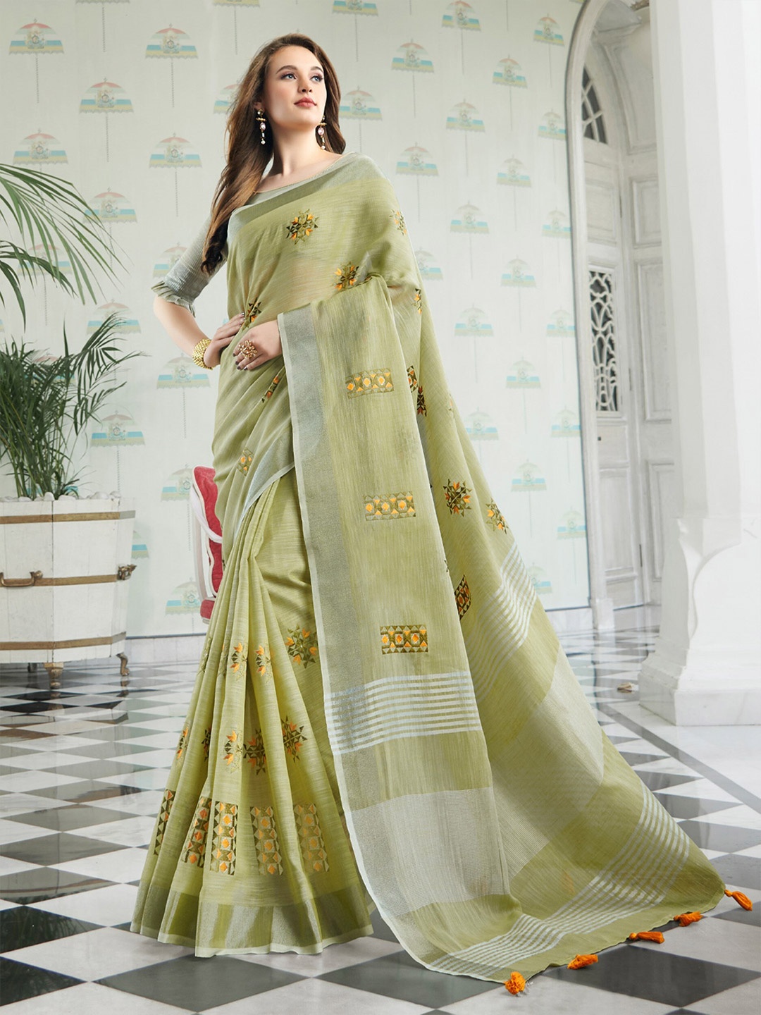 

Mitera Embellished Linen Blend Embroidered Designer Saree, Green