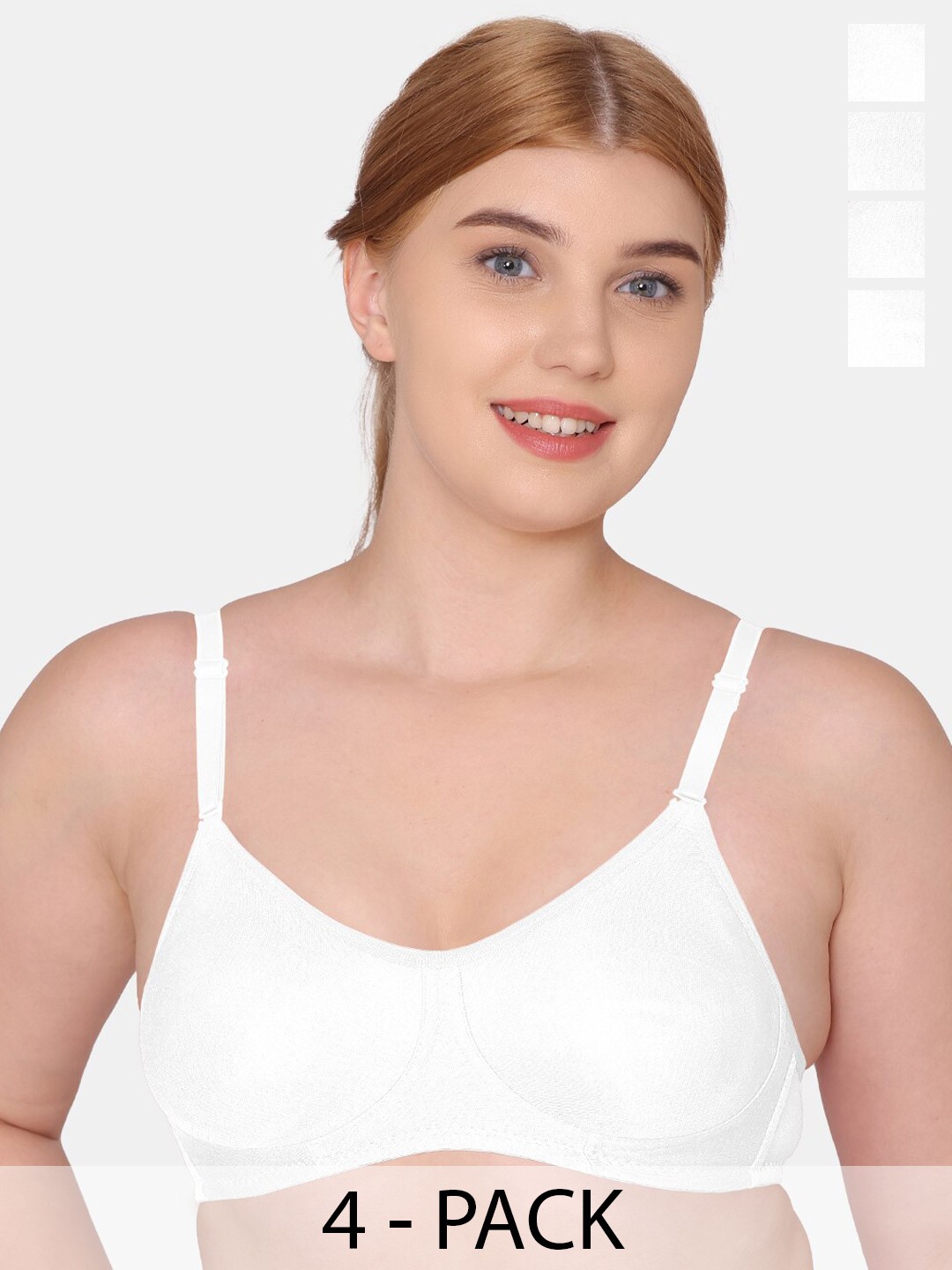 

KOMLI Pack Of 4 Pure Cotton T-shirt Bra Full Coverage Non-Wired Non Padded All Day Comfort, White
