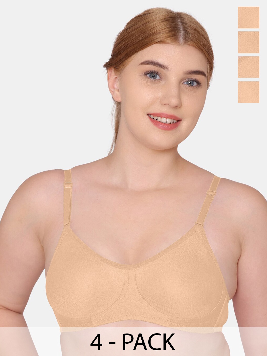 

KOMLI Pack Of 4 Pure Cotton T-shirt Bra Full Coverage Non-Wired Non Padded All Day Comfort, Beige