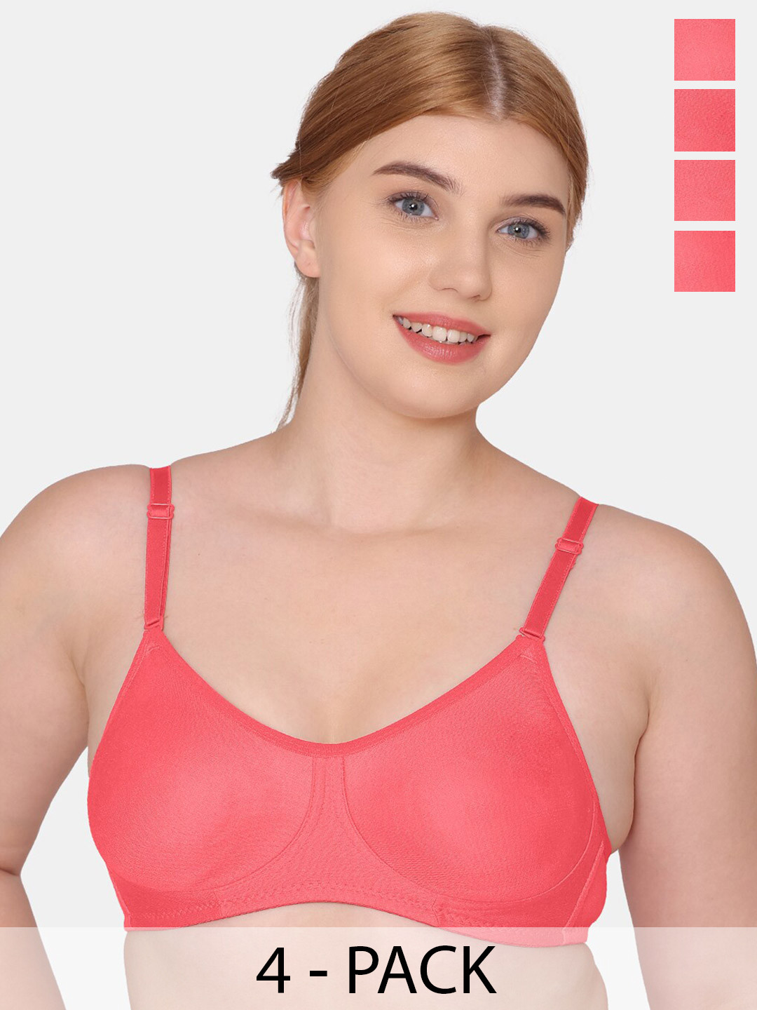 

KOMLI Pack Of 4 Full Coverage Non-Padded Cotton T-shirt Bra With All Day Comfort, Coral