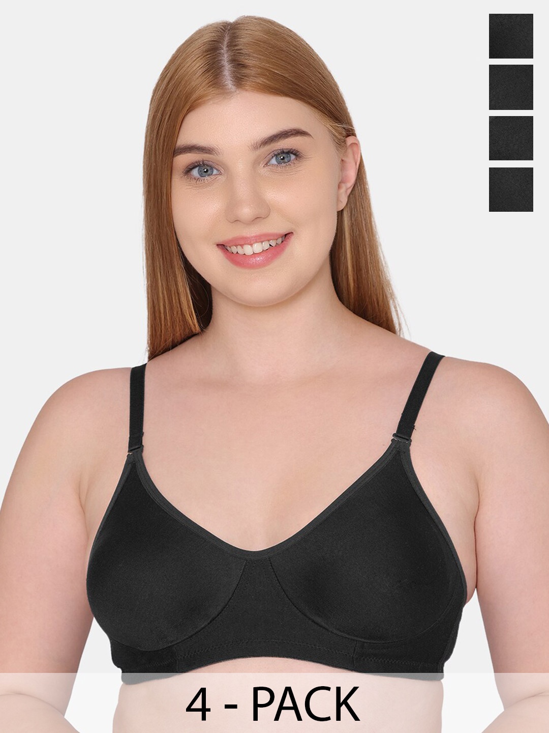 

KOMLI Pack Of 4 Pure Cotton T-shirt Bra Full Coverage Non-Wired Non Padded All Day Comfort, Black