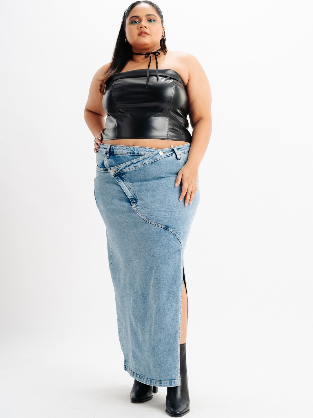 

FREAKINS Plus-Size Washed Pure Cotton Denim Pencil Skirt, Blue