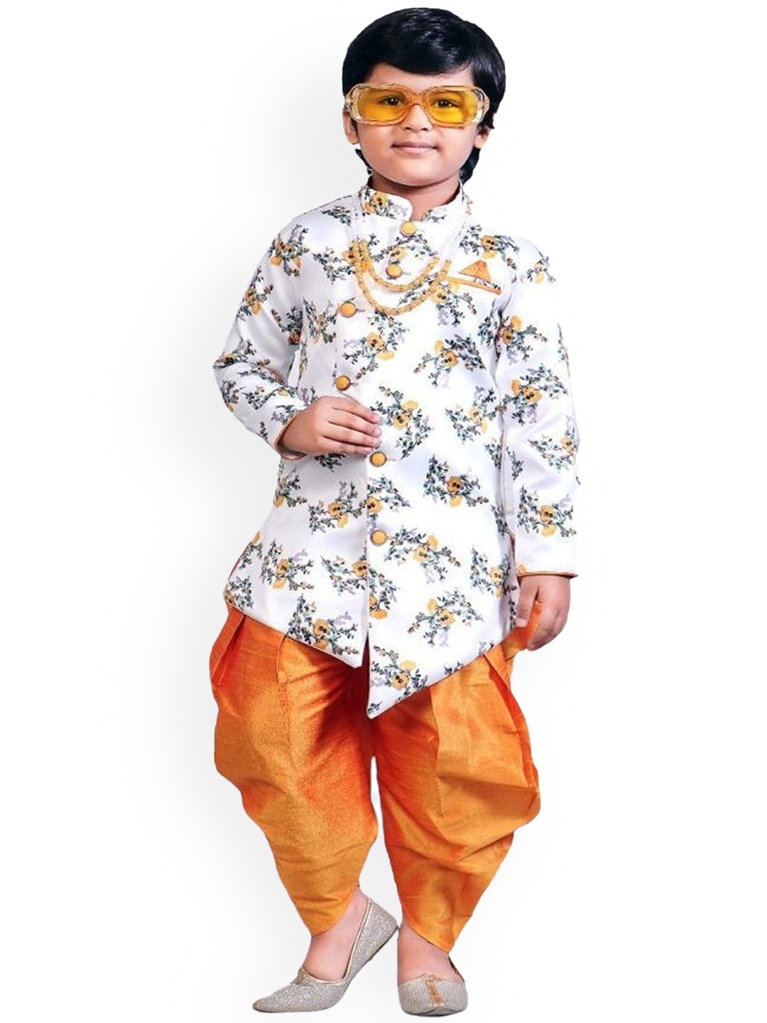 

BAESD Boys Floral Printed Straight Satin Cotton Kurta with Dhoti Pants, Orange