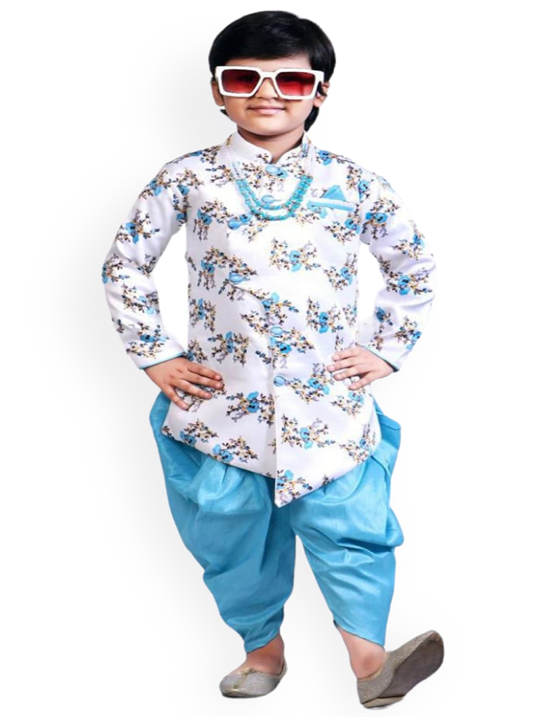 

BAESD Boys Floral Printed Straight Satin Cotton Kurta with Dhoti Pants, Blue