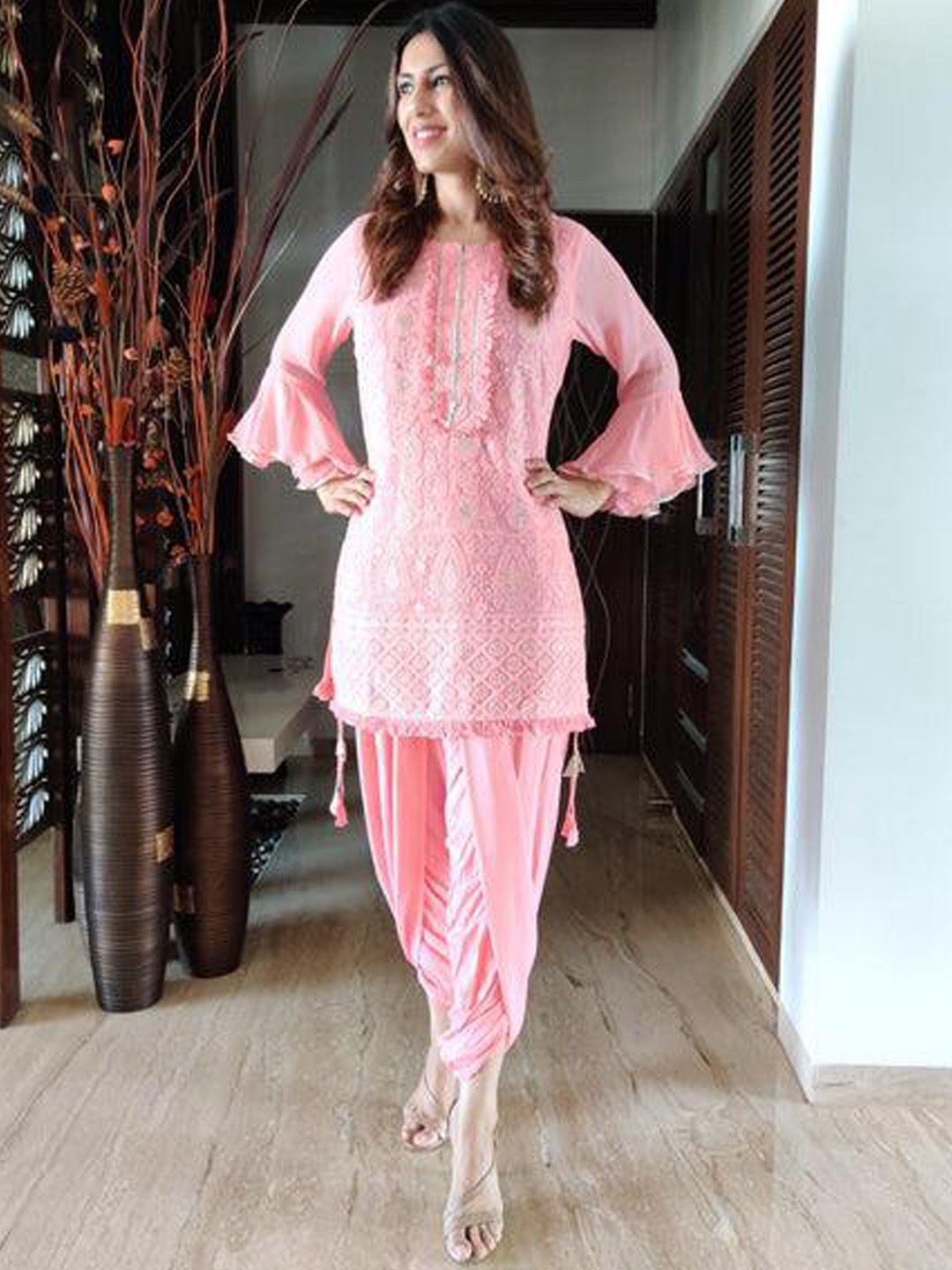 

BLACK SCISSOR Floral Embroidered Sequinned Kurta with Dhoti Pants, Peach