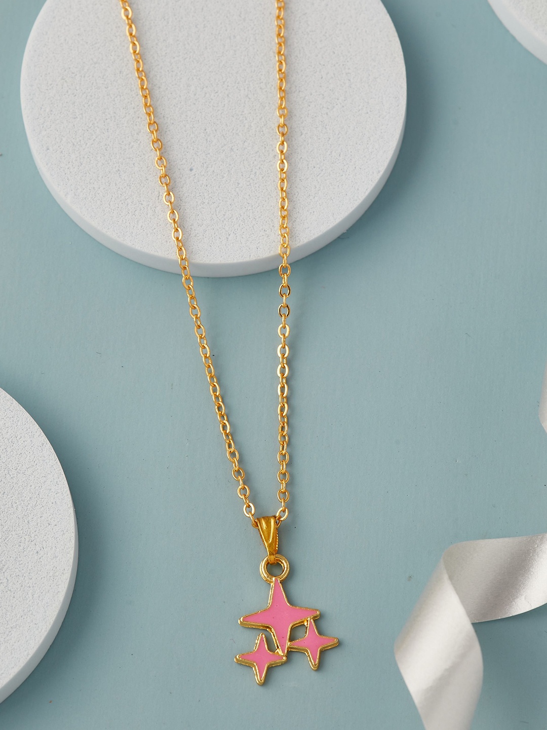 

DressBerry Gold-Plated & Pink Three Stars Shaped Pendant With Chain