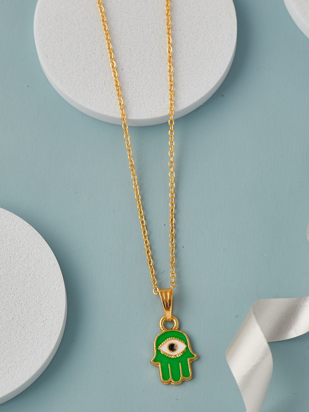

DressBerry Gold Toned Gold-Plated Hand Panja Shaped Pendant with Chain