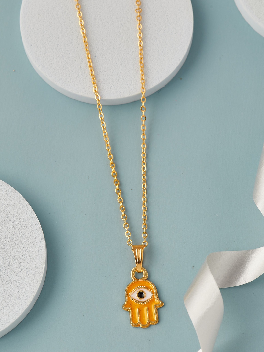 

DressBerry Yellow Gold Plated Hand Panja Shaped Enamelled Pendant with Chain