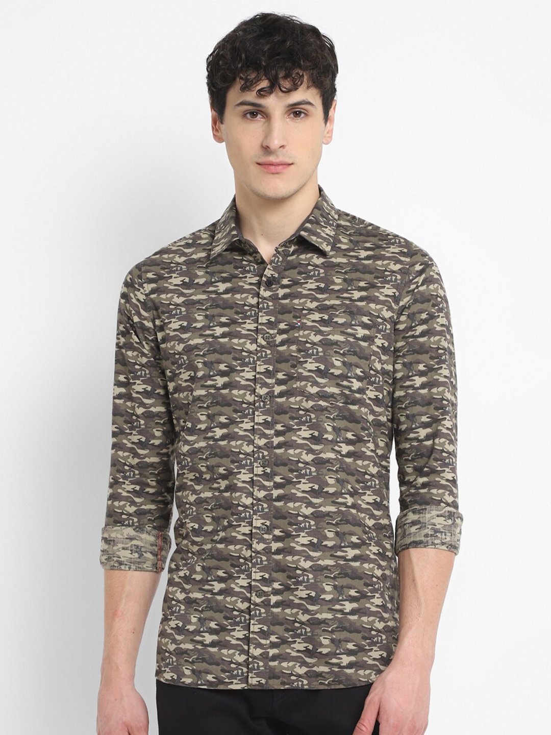 

Red Chief Standard Slim Fit Camouflage Printed Cotton Casual Shirt, Olive