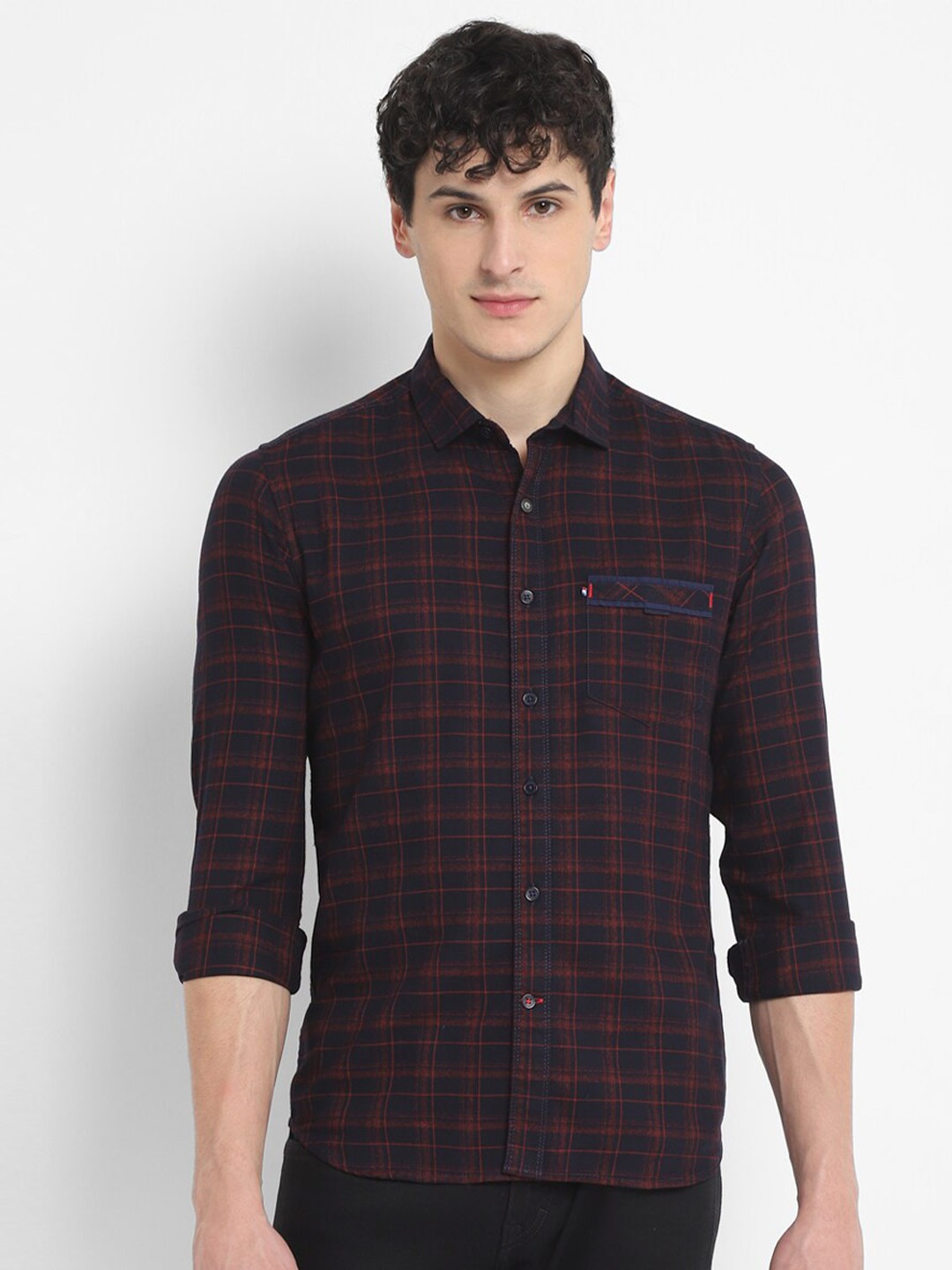 

Red Chief Standard Slim Fit Tartan Checked Spread Collar Twill Cotton Casual Shirt