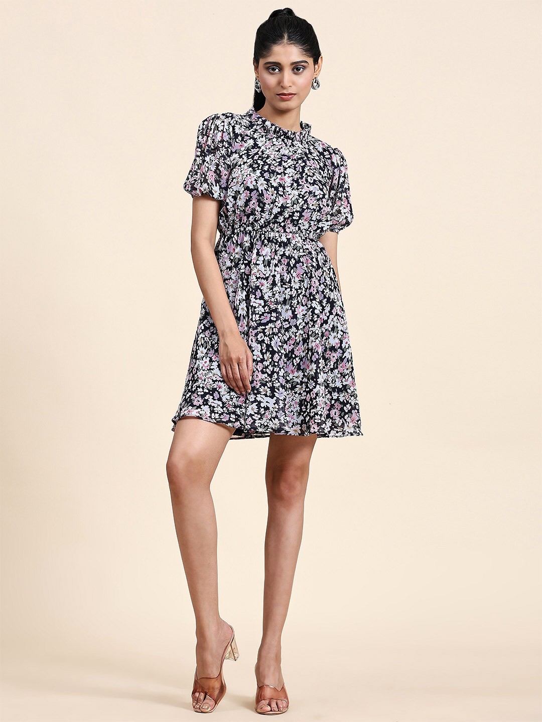 

BAESD Floral Printed High Neck Puff Sleeve Gathered Georgette Fit & Flare Dress, Navy blue