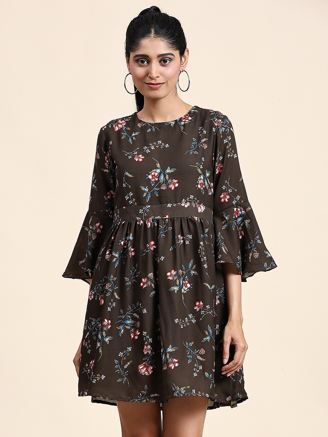 

BAESD Floral Printed Bell Sleeves Gathered Detailed Fit & Flare Dress, Olive