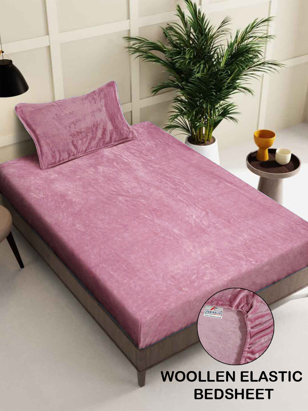 

FABINALIV Pink 300 TC Woollen Fitted Single Bedsheet with 1 Pillow Cover