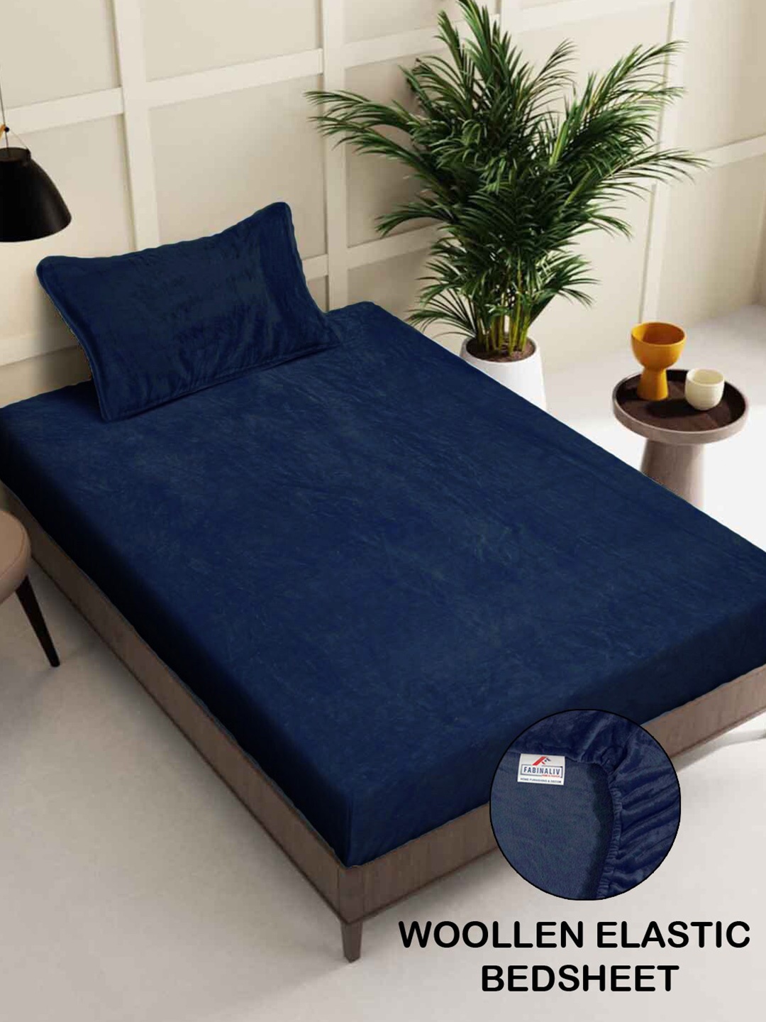 

FABINALIV Navy Blue Woollen Fitted Single Bedsheet with 1 Pillow Cover