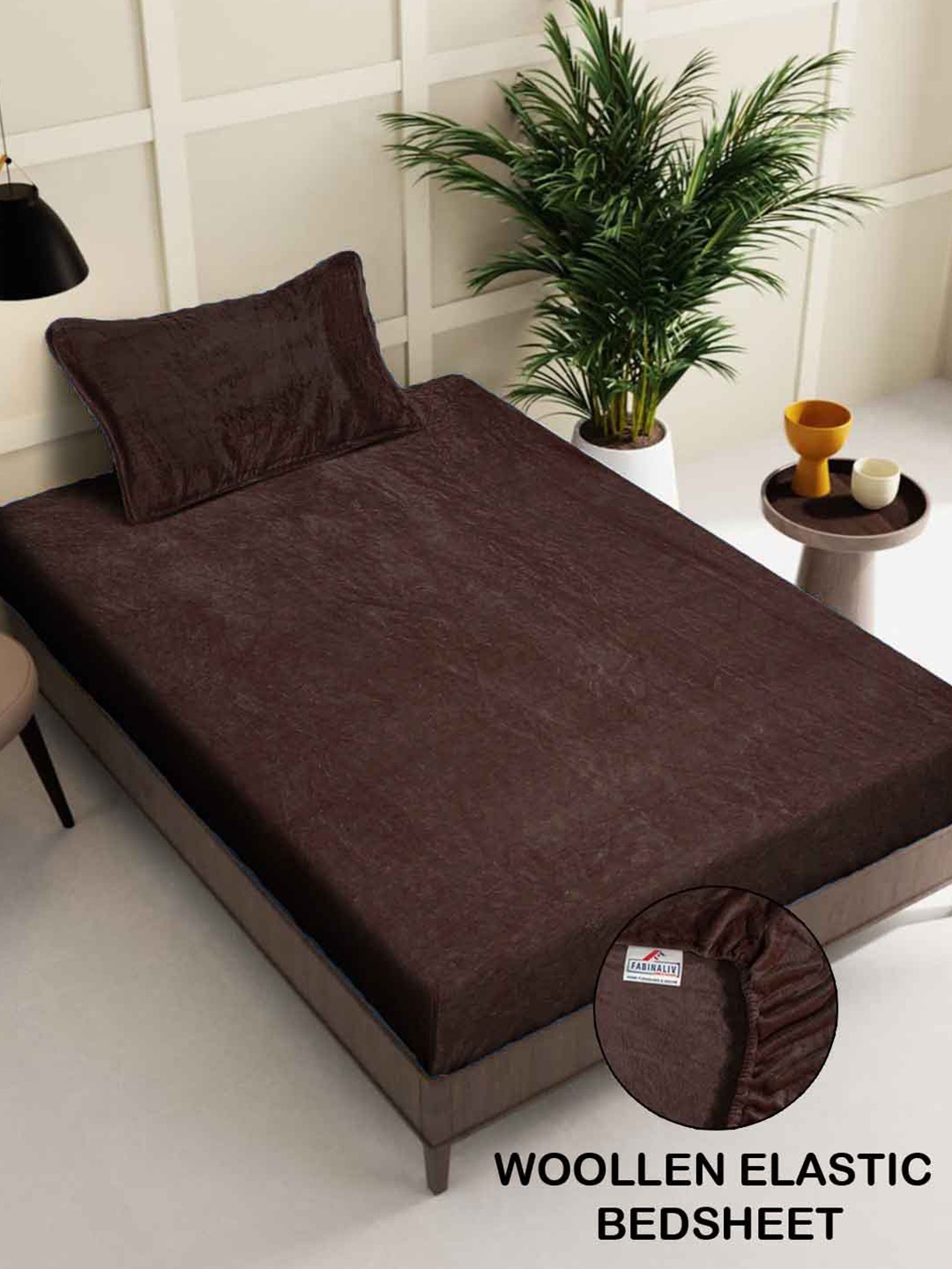 

FABINALIV Coffee Brown 300 TC Fitted Woollen 300 GSM Single Bedsheet with 1 Pillow Covers